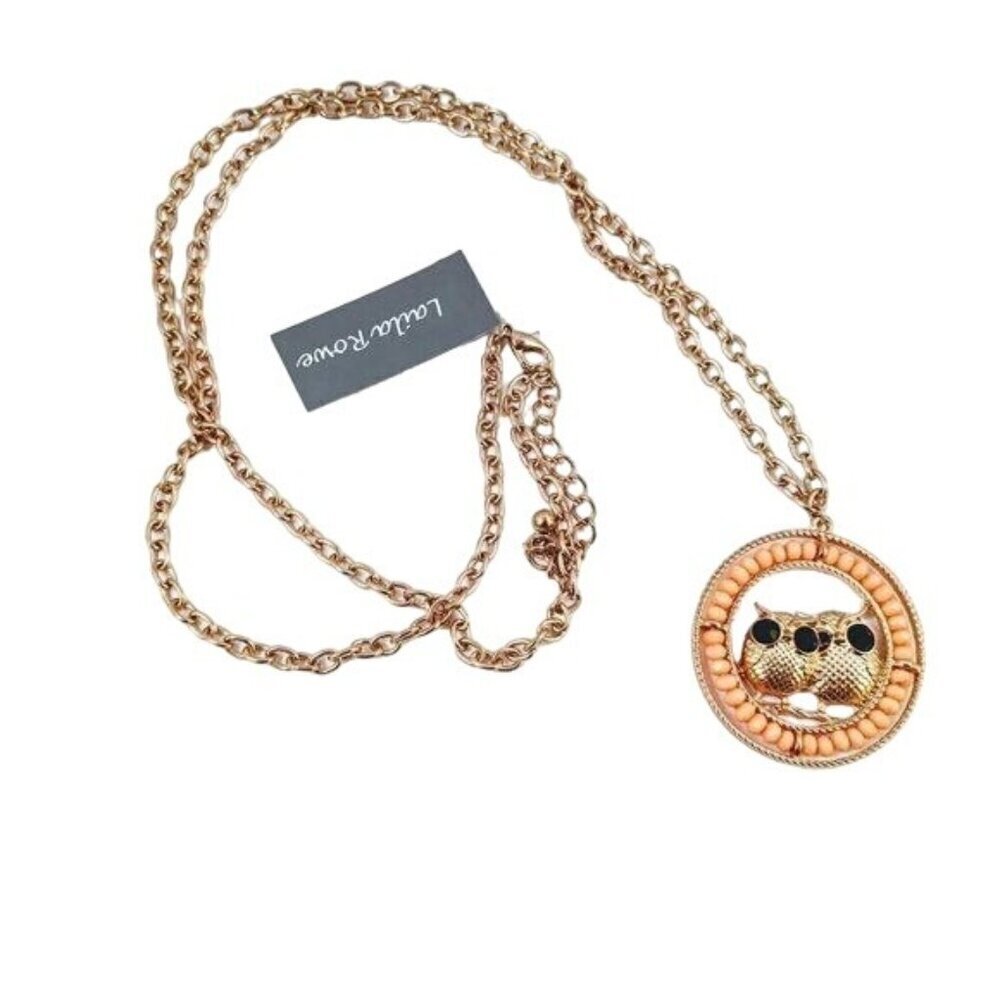 NWT Laila Rowe Long Gold Tone & Peach Owl Necklace